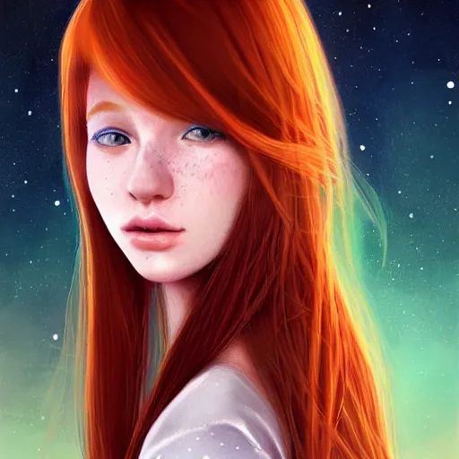Prompt: photorealistic portrait of a red haired girl with a round beautiful face, soft smile, long hair, green eyes, hint of freckles, golden ratio, amazed by the fireflies in a wonderful lights, colorful digital art by artgerm