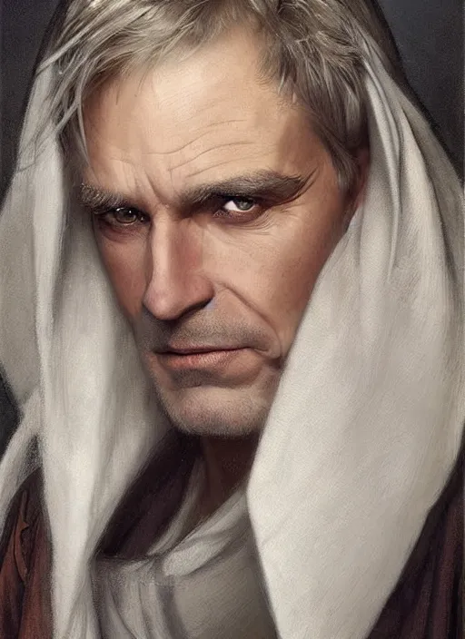 Prompt: a clean shaven man aged 4 0 with tousled blonde hair and hazel eyes and a friendly expression. he is handsome and wearing a grey cloak. head and shoulders portrait painting by artgerm and greg rutkowski and alphonse mucha.