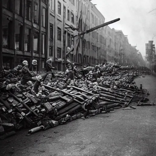 Image similar to Minions barricade themselves on Berlin preparing for the defense of the city against the soviets, Berlin's last stand, second world war, 1945, award winning, historical footage