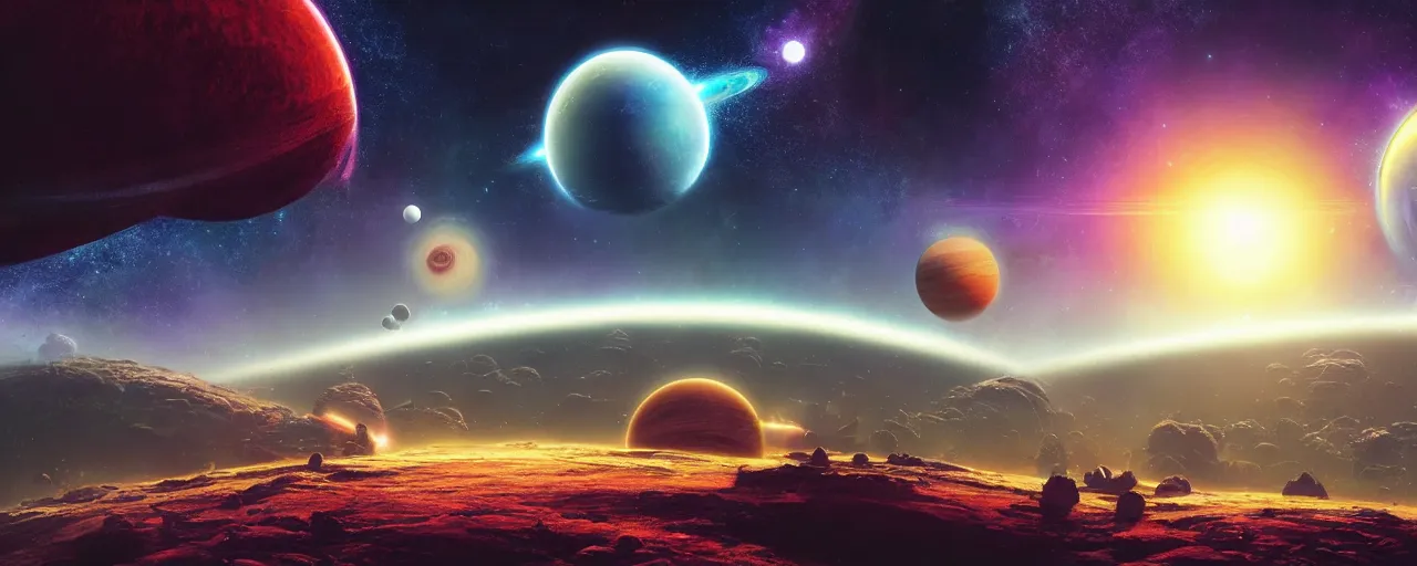 Image similar to ” outer solarsystem with ring planets, [ cinematic, detailed, epic, widescreen, opening, establishing, mattepainting, photorealistic, 4 k, octane render, art by paul lehr ] ”