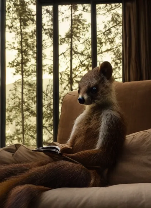 Image similar to A beautiful scene from a 2022 Marvel film featuring a humanoid pine marten in loose clothing reading on a couch. An anthropomorphic pine marten wearing a white shirt. Golden hour.