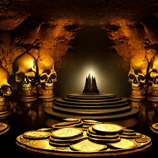 Prompt: a matte painting of a dark slate cave with a symmetrical skull of white flames in the center surrounded by a large number of glittering gold and silver coins and some treasure chests in the background, rays of light, dust, dim lighting, highly detailed, cinematic, high contrast, intricate, mystery, epic, dark fantasy, sense of awe, digital art