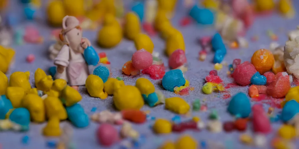 Image similar to a cinematic film still of a claymation stop motion film about a town made of lemons and candy, shallow depth of field, 8 0 mm, f 1. 8