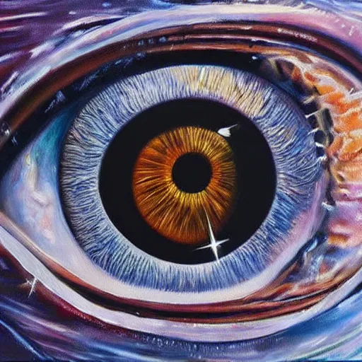 Image similar to a highly detailed photorealistic painting of a human eye reflecting outer space