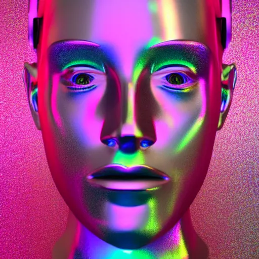 Image similar to 3d render of holographic human robotic head made of glossy iridescent, surrealistic 3d illustration of a human face non-binary, non binary model, 3d model human, cryengine, made of holographic texture, holographic material, holographic rainbow, concept of cyborg and artificial intelligence