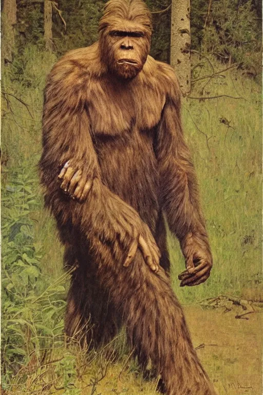 Image similar to a closer personal portrait of bigfoot with very piercing eyes, very charismatic. in the old west. masterpiece, dark. painted by norman rockwell and james gurney