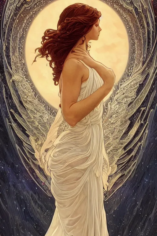 Prompt: phoenix angel in white dresses of fireflies and flameches, symmetrical facial features, flames intricate stainglass and moonlight landscape background, elegant, highly detailed, digital painting, artstation, concept art, matte, sharp focus, illustration, intricate art nouveau frame, art by Artgerm and Greg Rutkowski and Alphonse Mucha