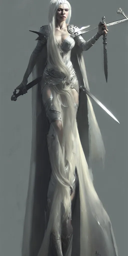 Image similar to craig mullins painting of queen of zokra, silver white hair, long gown, sorceress sword, soft lighting, trending on artstation, by huang guangjian and gil elvgren and sachin teng