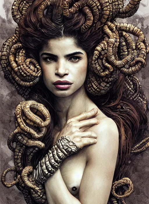 Prompt: portrait of anne curtis as medusa looking for camera wearing greek chiton, fantastically eerie, desaturated colors, pen and ink, glamorous pose, intricate line drawings, by craig mullins, ruan jia, kentaro miura, greg rutkowski, loundraw