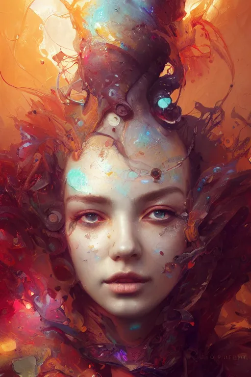 Image similar to face closeup of beautiful girl in intricate detailed color smashing fluid oilpaint, 3 d render, hyper realistic detailed portrait, color leaves, ruan jia, wlop. scifi, fantasy, hyper detailed, octane render, concept art, by peter mohrbacher, by wlop, by ruan jia