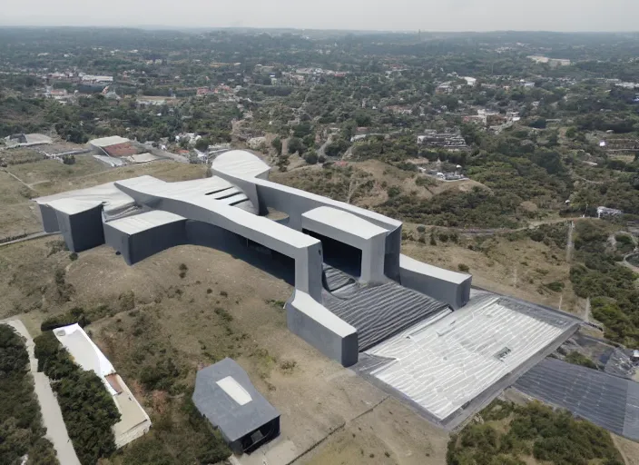 Prompt: a brutalist church, air view, futuristic