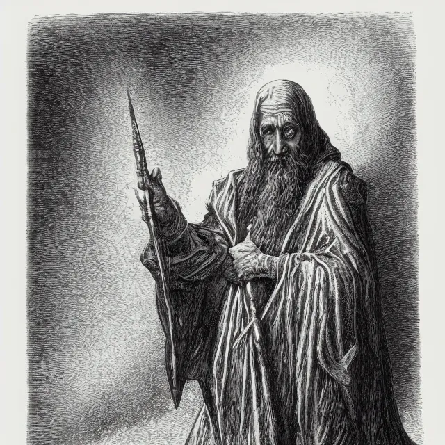 Prompt: an engraving of a wizard by gustave dore, highly detailed, white background, artstation hd