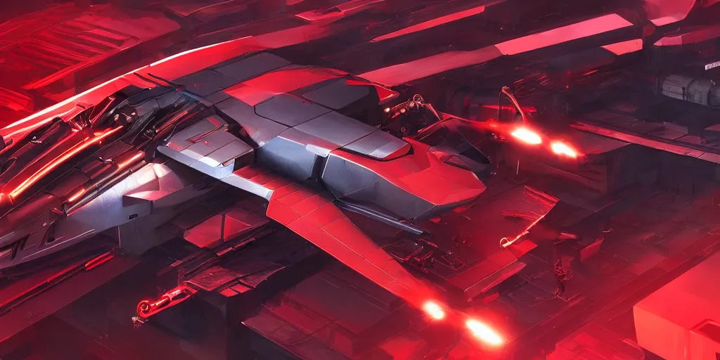 Image similar to cyberpunk concept inspired jet, futuristic look, highly detailed body, aerodynamic body, photorealistic camera shot, bright studio setting, studio lighting, crisp quality and light reflections, unreal engine 5 quality render, red and black tones, isometric view