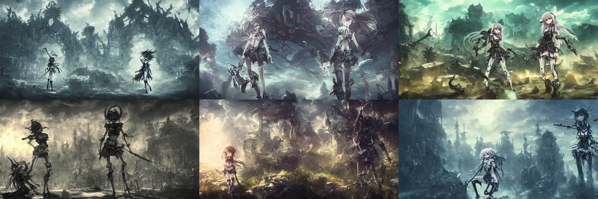 Prompt: kawaii girl in front of necropolis, skeletons in ambush ready to attack, huge amount of details, masterpiece, posing for painting, epic cinematic still, dynamic perspective, anime style, beautiful volumetric light