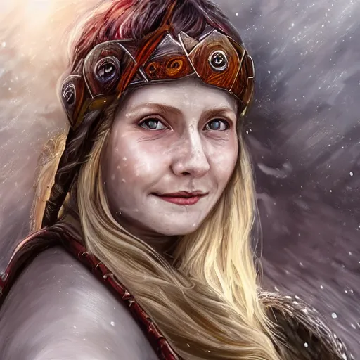 Prompt: epic portrait An viking woman smiling in blizzardy winter, beauty, pretty face, glossy skin, beautiful eyelashes, red long flowing hair, blurry backround, digital painting, artstation, concept art, soft light, hdri, smooth, sharp focus, illustration, fantasy, intricate, elegant, highly detailed, D&D, matte painting, in the style of Greg Rutkowski and Alphonse Mucha and artemisia, 8k, highly detailed, jurgens, rutkowski, bouguereau, pastoral, rustic, georgic