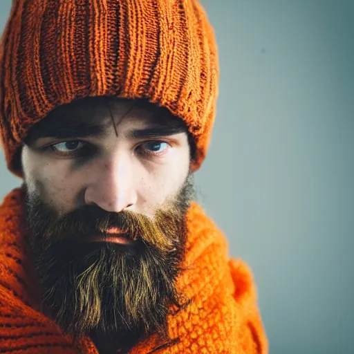 Image similar to A bearded wizard with an orange beanie, dramatic, cinematic, (EOS 5DS R, ISO100, f/8, 1/125, 84mm, postprocessed, crisp face, facial features)