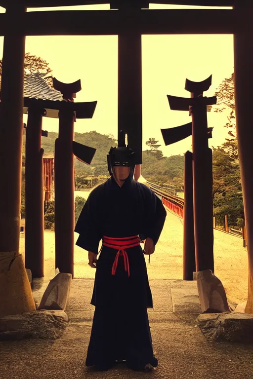 Image similar to a godlike and indomitable masked and helmeted samurai standing before a Torii gate with pride, the rising sun in the background. Photo realistic. Award winning