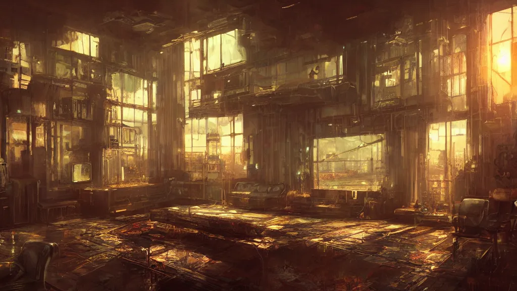 Prompt: Cyberpunk interior, living room, sunset, painted by seb mckinnon, high detail, digital art, trending on artstation