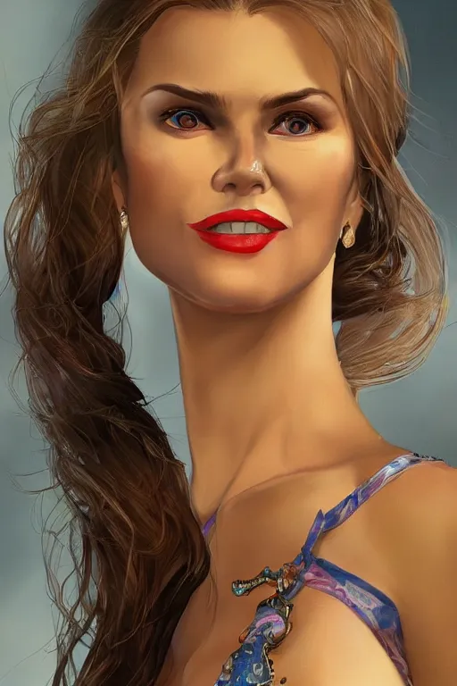 Image similar to mix of beautiful young maria shriver, mariel hemmingway, brooke shields, nicole kidman and elle macpherson as a snake girl with fangs, thin lips, hair tied up in a pony tail, dark blonde hair, colorful, artstation, cgsociety