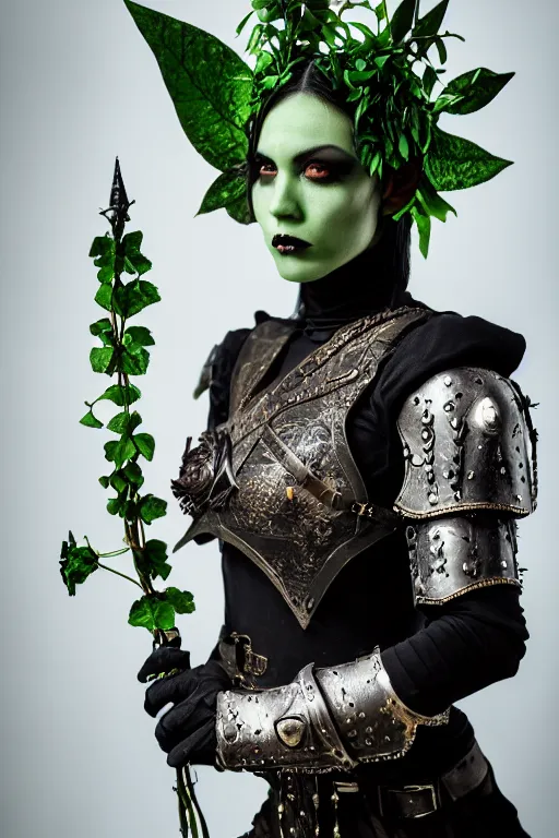 Prompt: very beautiful female orc top model, dark green hair and skin, wearing valentin yudashkin gothic victorian armor with leaves and flowers, luxury materials, symmetrical, cinematic, elegant, professional studio light, real dlsr photography, sharp focus, 4 k, ultra hd, sense of awe, high fashion