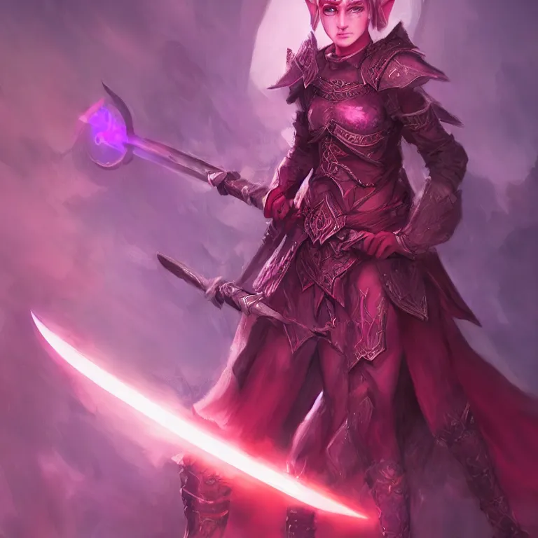 Prompt: A fantasy warrior elf. Glowing red eyes. Holding sword. Purple Aura. Intricate. Elegant portrait with gloomy cinematic background. Sharp focus. Concept art by Tian Zi