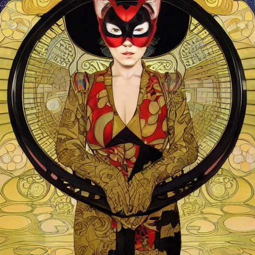 Image similar to cat superhero with kabuki mask, gorgeous, beautiful, intricate, highly detailed, digital painting, artstation, oppressive lighting, concept art, sharp focus, illustration, art by donato giancola and alphonse mucha, background by James Jean and gustav klimt, 4k, volumetric lighting, french nouveau