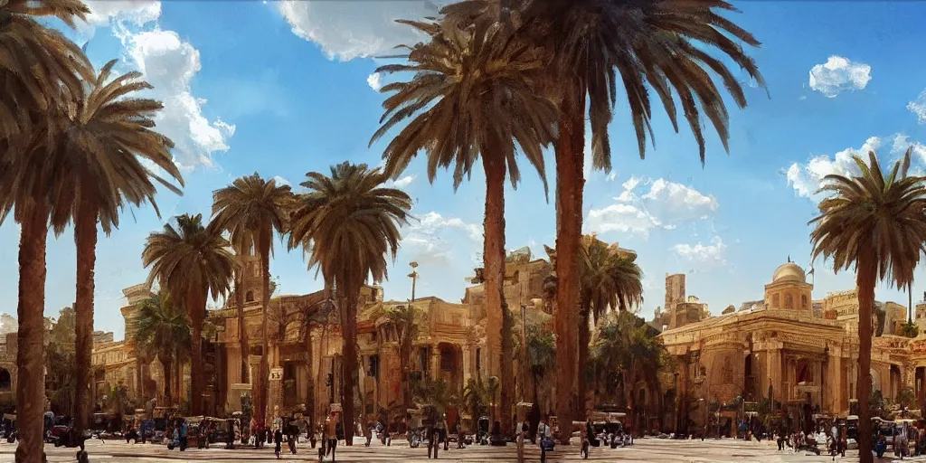 Prompt: khedival opera house, talaat Harb Square cairo, epic wide shot, beautiful clouds, painterly concept art by pixar, dappled afternoon sunlight, acacia trees, date palm trees, shrubs, flowers, artstation
