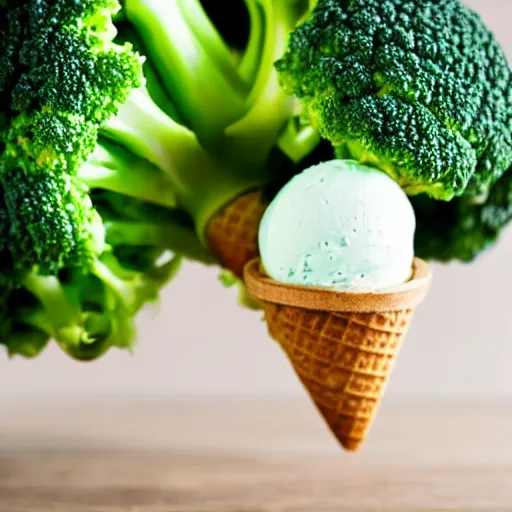 Image similar to a photograph of a levitating ice cream cone filled with broccoli