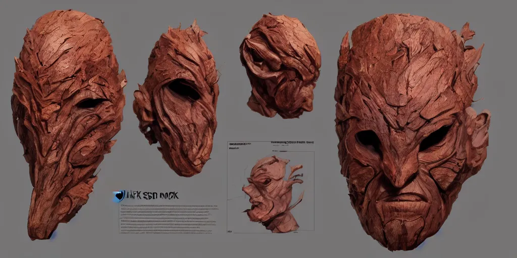 Image similar to wood and flesh mask design, character sheet, Moebius, Greg Rutkowski, Zabrocki, Karlkka, Jayison Devadas, Phuoc Quan, trending on Artstation, 8K, ultra wide angle, zenith view, pincushion lens effect.