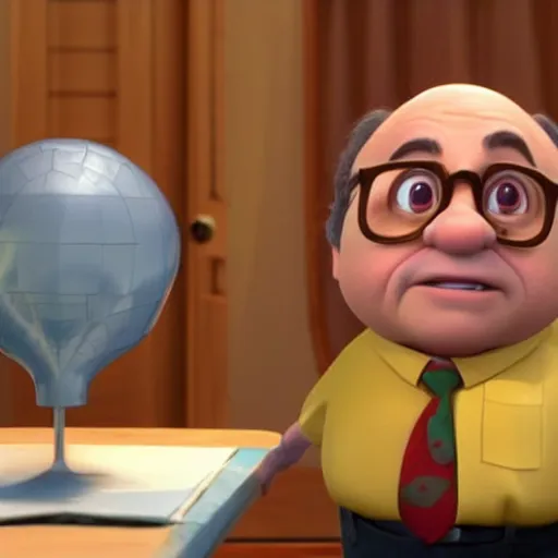 Image similar to a screenshot of Danny Devito as a 3D render animated Disney pixar animation character in Up (2009)