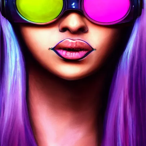 Prompt: closeup painting of a very beautiful young mexican cyberpunk woman with a smirk, wearing light blue shutter shades and a purple coloured leather jacket, one side haircut, long brown hair with light blue ends, portrait, hyperdetailed, artstation, cgsociety, 8 k, synthwave by tangerine dream, by jean - michel jarre, by vangelis, by john carpenter