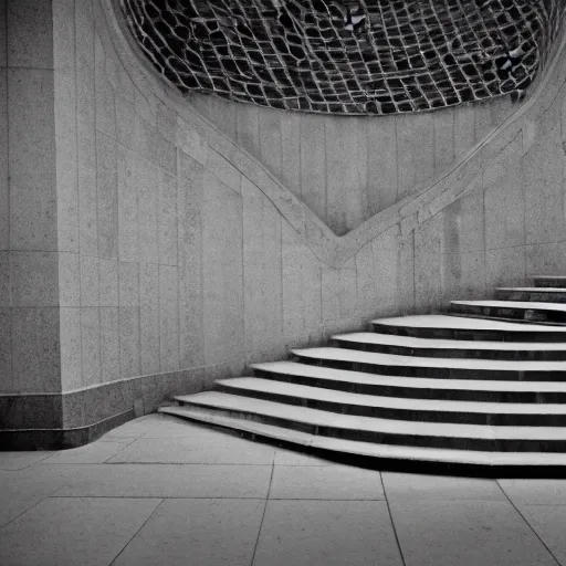 Prompt: black and white press photograph, highly detailed space of stairs, stairs and stairs, detailed textures, natural light, mist, architecture photography, film grain, soft vignette, sigma 8 5 mm f / 1. 4 1 / 1 0 sec shutter, darren aronofsky film still promotional image, imax 7 0 mm footage