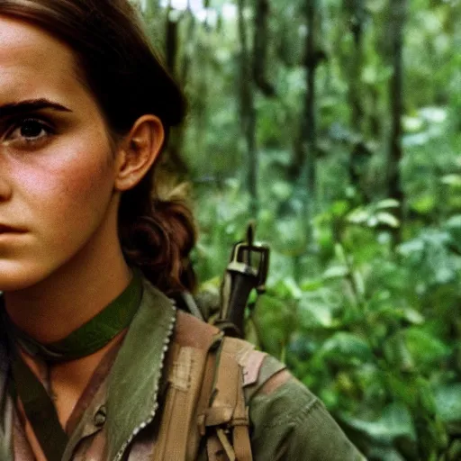 Image similar to film still, close up, portrait, emma watson soldier hiking through dense vietnam jungle, kodak ektachrome 1 9 7 3,