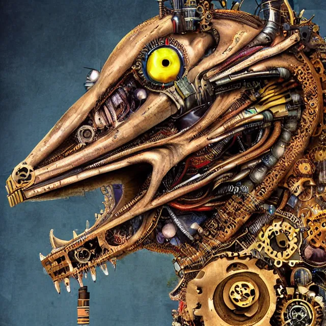 Image similar to profile portrait of a dragon, computer parts, mechanical parts, by giuseppe arcimboldo, steampunk, cyberpunk, futuristic, psychedelic, surreal, sci - fi, vaporwave, alien, dreamlike.