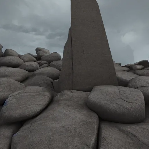 Image similar to Lighting strikes a Tapered stone monument, High contrast with Dynamic Lights and Shadows, Overcast Sky, Rendering, Octane, Redshift, 8k