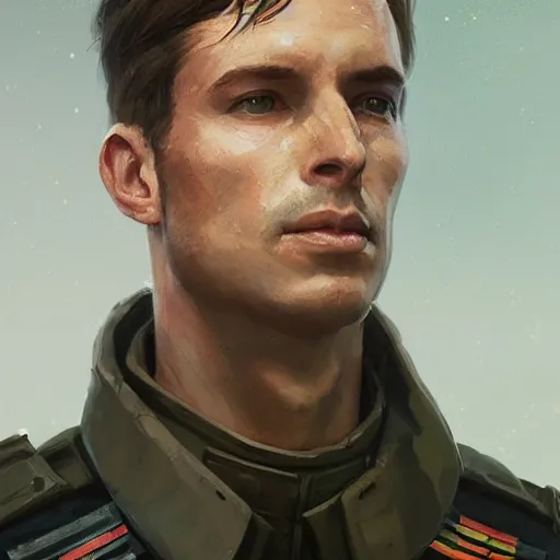 Prompt: Portrait of a man by Greg Rutkowski, he is about 30 years old, short copper hair, attractive, military composure, younger brother vibes, he is wearing futuristic military fatigues, cool uncle vibes, highly detailed portrait, digital painting, artstation, concept art, smooth, sharp foccus ilustration, Artstation HQ.