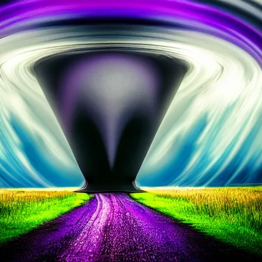 Image similar to amazing landscape photo of a purple tornado in the shape of a funnel, digital art, beautiful dramatic lighting