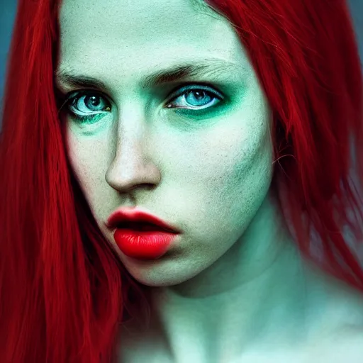 Image similar to a portrait photograph of a female by Alessio Albi, beautiful full face, symmetrical face, artstation, deviantart, hyperrealism, green eyes, long red hair,a small nose