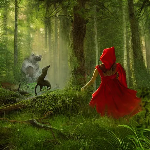 Prompt: portrait of a cute and beautiful, smirking heavily armed little red riding hood, getting attacked by a werewolf from behind in a lush green forest, sharp focus, unreal engine 5, digital illustration, volumetric light, highly detailed, intricate, by michael whelan, james gurney, 8 k