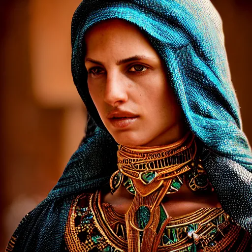 Image similar to portrait of a stunningly beautiful middle eastern tribal female, depth of field, zeiss lens, detailed, symmetrical, centered, fashion photoshoot, by Annie Leibovitz and Steve McCurry, David Lazar, Jimmy Nelsson, Breathtaking, 8k resolution, extremely detailed, beautiful, establishing shot, artistic, hyperrealistic, beautiful face, octane render