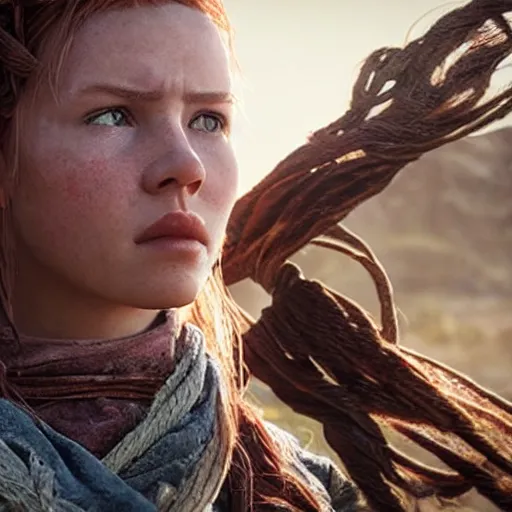 Prompt: a beautiful photo of hannah hoekstra as aloy in horizon forbidden west