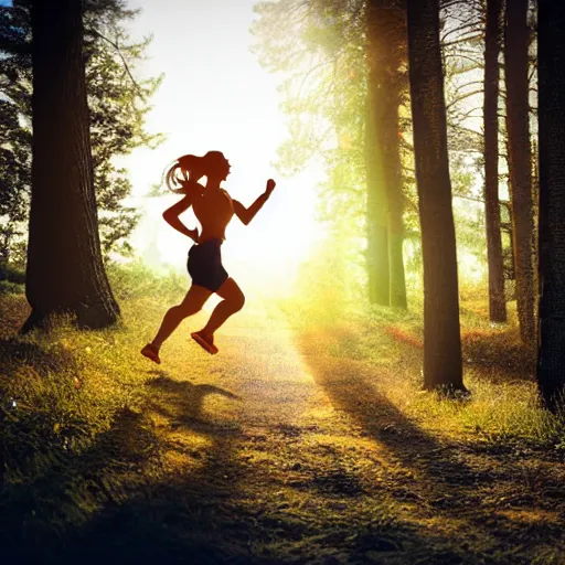 Prompt: a woman running, forest light, romanticism art style