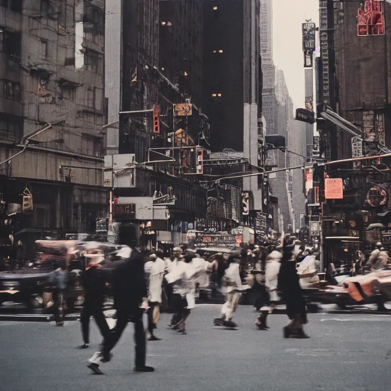 Prompt: analog medium format film ( ( motion - blur ) ) street photography in new york, 1 9 6 0 s hasselblad film street photography, featured on unsplash, photographed on vintage expired colour film