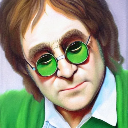 Prompt: elton john lennon wearing an outfit with green apple designs, oil painting, ultradetailed, artstation