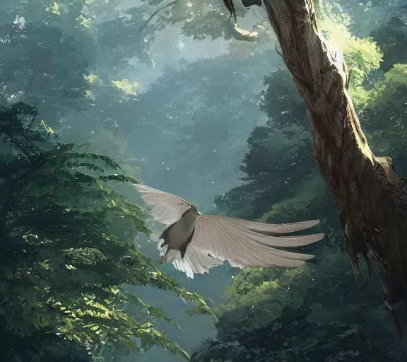 Prompt: a bird flying through a forest, wind streaks. Adventurous. By Makoto Shinkai, Stanley Artgerm Lau, WLOP, Rossdraws, James Jean, Andrei Riabovitchev, Marc Simonetti, krenz cushart, Sakimichan, trending on ArtStation, digital art.