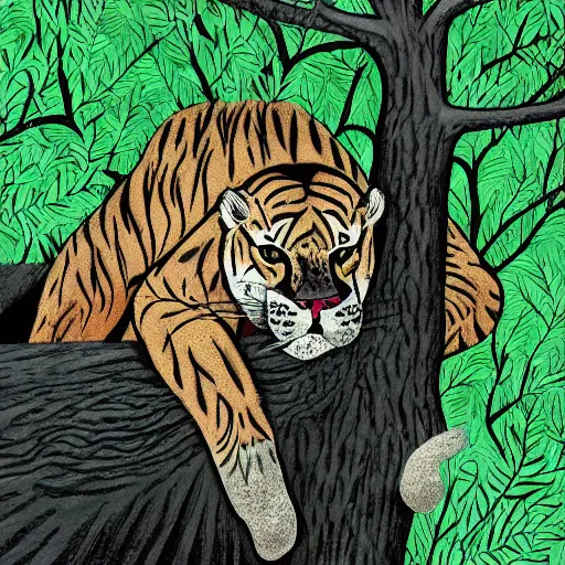 Image similar to big cats hide in the trees cartoon