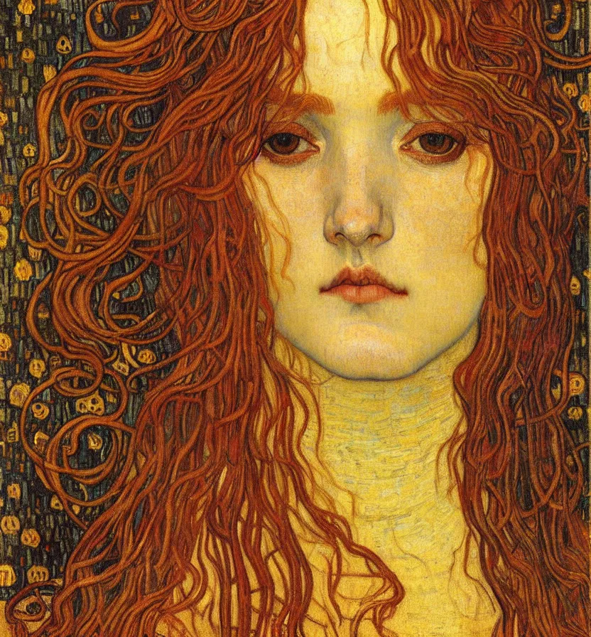 Image similar to detailed realistic beautiful young medieval queen face portrait by jean delville, gustav klimt and vincent van gogh, art nouveau, symbolist, visionary, gothic, pre - raphaelite, muted earthy colors, desaturated