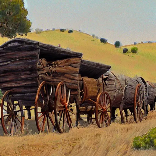 Image similar to old west oregon trail wagon train, painting, sketch