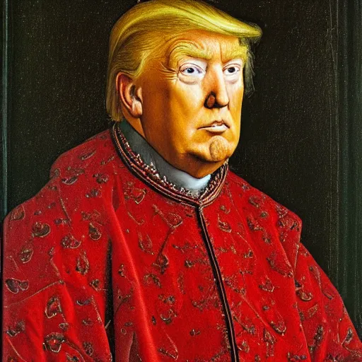 Prompt: portrait of donald trump, oil painting by jan van eyck, northern renaissance art, oil on canvas, wet - on - wet technique, realistic, expressive emotions, intricate textures, illusionistic detail