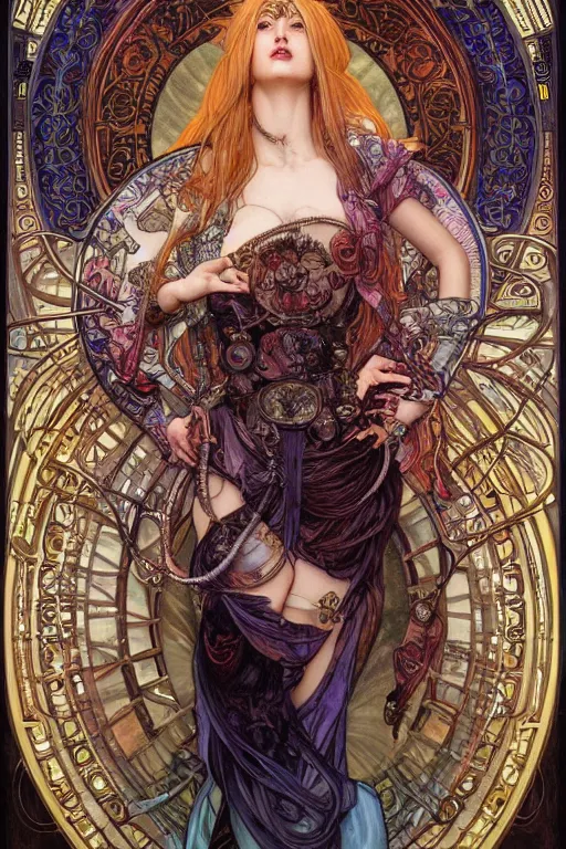 Prompt: realistic detailed portrait of adult cyberpunk! goddess of Psychedelics by Alphonse Mucha, Ayami Kojima, Amano, Charlie Bowater, Karol Bak, Greg Hildebrandt, Jean Delville, and Mark Brooks, Art Nouveau, cyberpunk!, mechanical accents!, rich deep moody colors